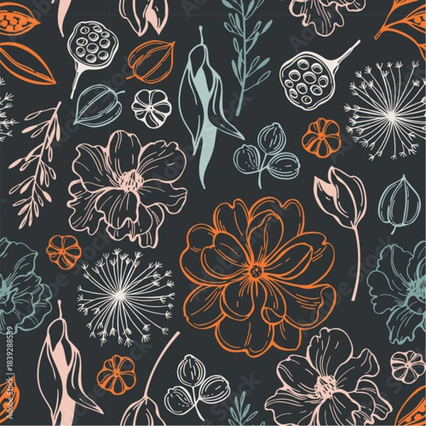 Obraz Floral background. Seamless vector pattern with hand-drawn flowers.