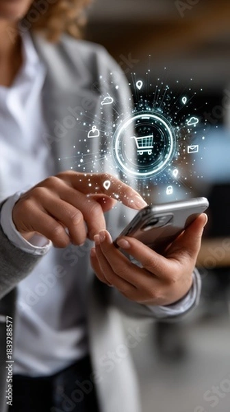 Fototapeta Smartphone user connected to digital network of cloud, email, shopping cart, security, and location icons