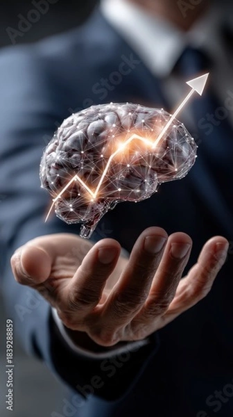 Fototapeta Businessperson presents glowing brain-shaped network of icons for strategic growth and innovation