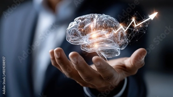 Fototapeta Business executive presents glowing brain-shaped network of icons for strategic growth and innovation in a professional office setting