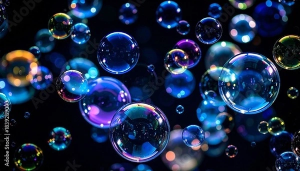 Obraz シャボン玉 泡 気泡 幻想的 虹色 カラフル 光 反射 輝き 夢 浮遊 黒 背景 マクロ 拡大 質感 丸い 円 芸術 抽象
