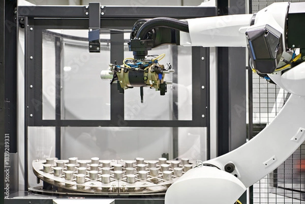 Fototapeta Robot manipulator and metal workpieces