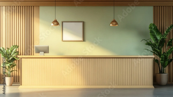Obraz Real estate office reception counter mockup front interior registration copy space desk design indoor decoration front view decoration three-dimensional