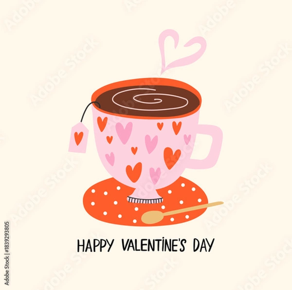 Fototapeta Happy Valentine's Day Greeting Card with pink cup of coffee from which steam rises in the form of a heart. Vector