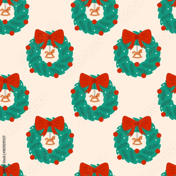 Obraz Seamless pattern with Christmas wreath, red bow, and horse.  Vector
