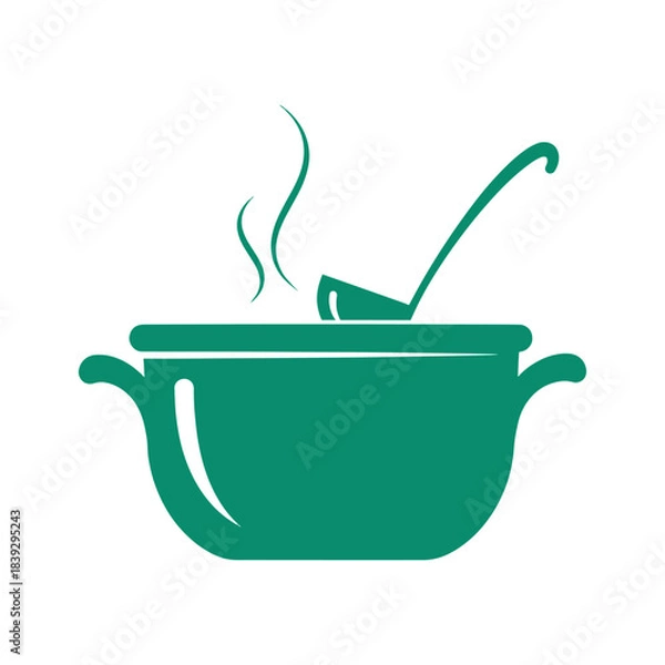 Obraz Teal cooking pot with ladle and steam on white background vector