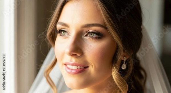 Fototapeta A radiant close-up portrait of a young woman, likely a bride, with a gentle smile and captivating green eyes. She is adorned with soft makeup, styled hair, and a delicate veil, looking thoughtfully