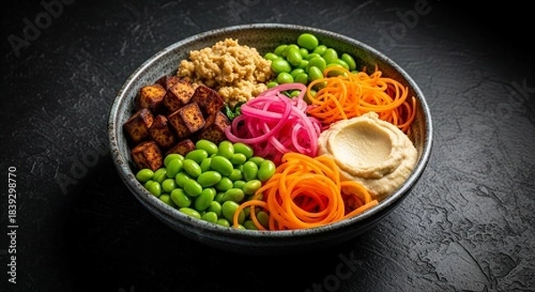 Fototapeta A vibrant and colorful Buddha bowl filled with various healthy ingredients, photographed from an overhead angle against a dark textured background. The bowl contains golden-brown crispy tofu cubes,