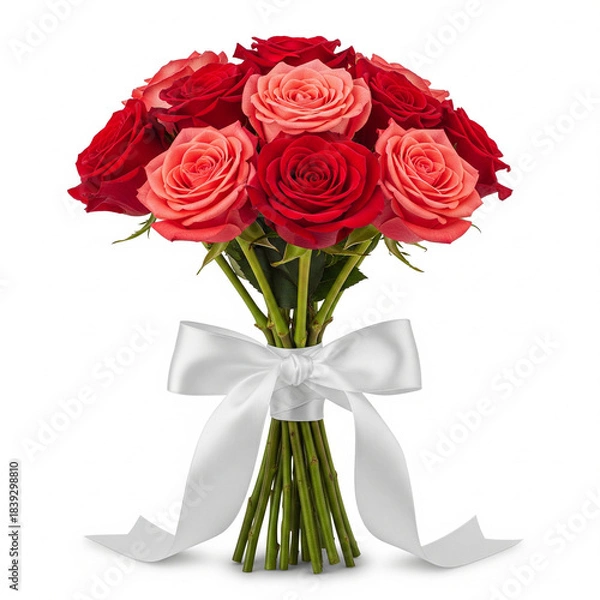 Obraz A romantic bouquet of red and pink roses, tied with a white satin ribbon, perfect for expressing love and admiration for a special occasion