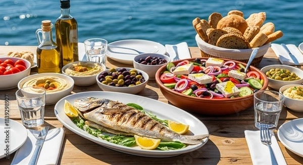 Fototapeta A vibrant Mediterranean feast is spread across a rustic wooden table, featuring a perfectly grilled whole fish, a large colorful Greek salad, bowls of creamy hummus, assorted olives, and a basket of