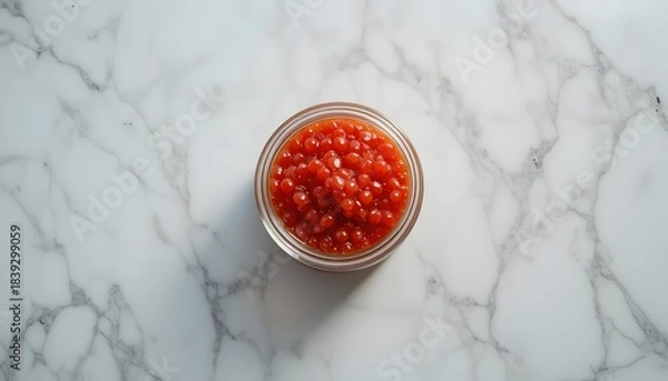 Obraz Transparent glass jar with red caviar viewed from above, clean white backdrop.