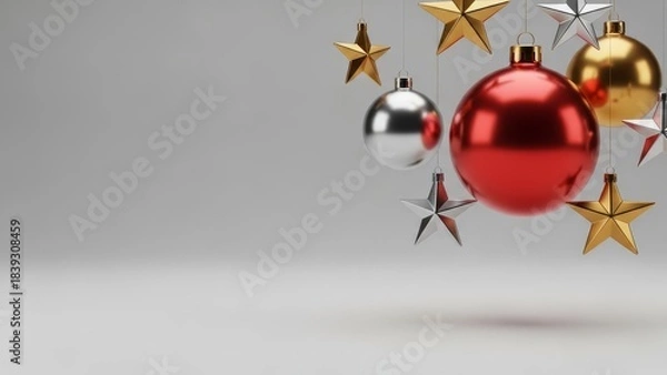 Fototapeta Christmas Ornaments Red, Gold, Silver Stars  Baubles Hanging, Festive Holiday Background
