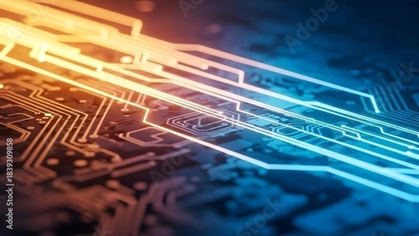 Fototapeta Abstract digital circuit board technology background with glowing orange and blue light trails