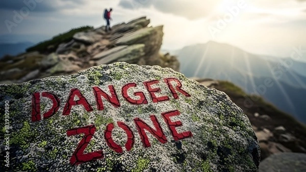 Fototapeta Danger zone warning written on mossy rock on mountain peak with hiker in background, concept of risk and challenge
