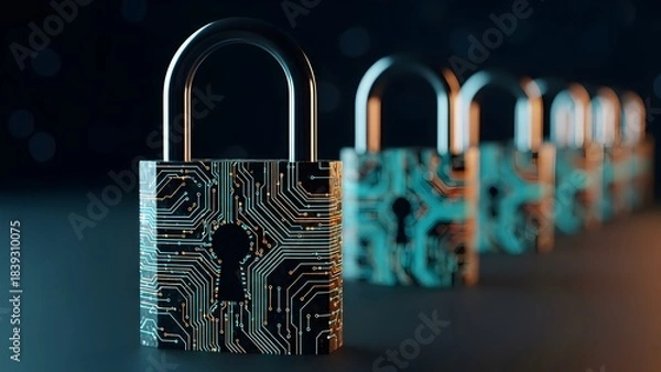 Fototapeta Digital security padlocks in a row with circuit board pattern, cyber security concept