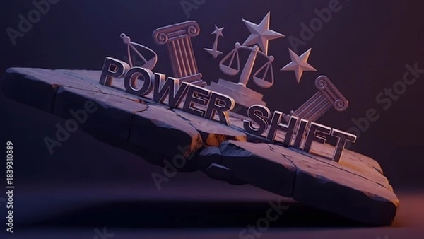 Fototapeta Power shift concept on floating stone with justice symbols, law, authority, and change theme, 3d render