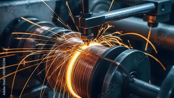 Fototapeta Closeup of electric motor coil winding process with bright sparks flying from the grinding or cutting tool on a dark industrial background