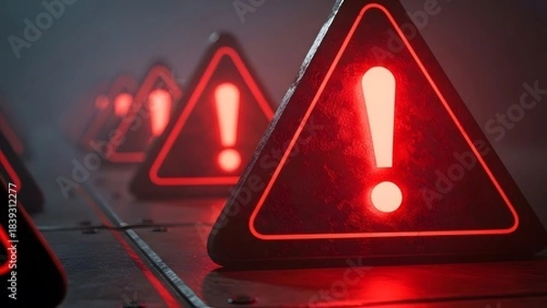 Fototapeta Row of glowing red warning signs with exclamation marks in a dark, foggy environment, symbolizing danger or alert