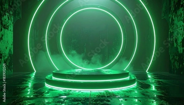 Fototapeta Luminous green rings surround a tiered stage in a dark, misty hall with textured walls and floor