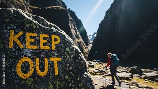 Fototapeta Warning sign on rock keep out text, hiker in dramatic mountain pass with sun flare