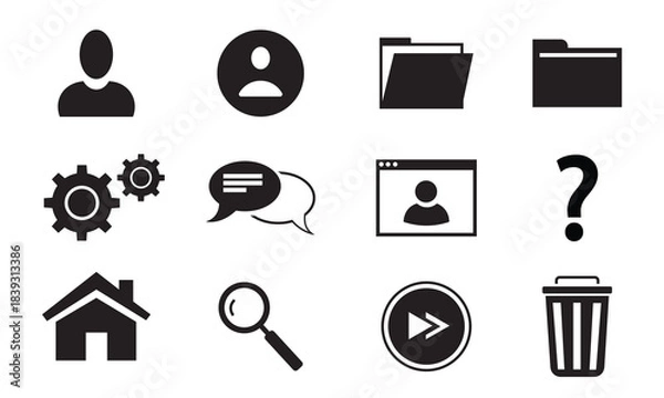 Fototapeta Web interface and computer system icon set. User profile, file folder, setting gear, search magnifier, and home dashboard vector symbols.