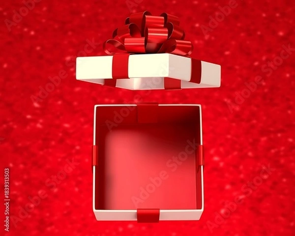 Obraz Opened white gift box with red ribbon on a vibrant red backdrop.