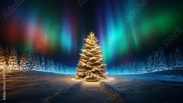 Obraz Christmas tree glowing under aurora borealis in snowy forest