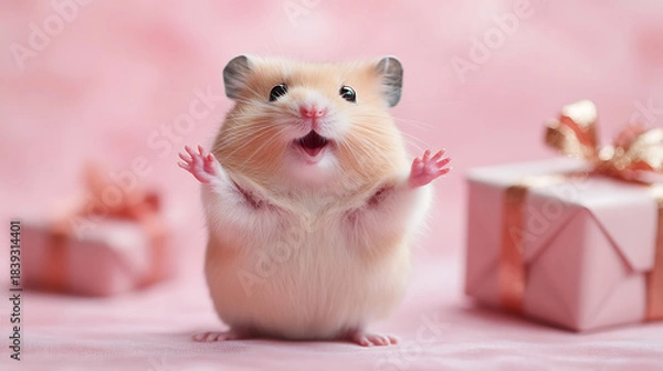 Fototapeta Happy hamster raising its paws and opening its mouth in surprise and excitement, surrounded by pastel pink gift boxes wrapped with golden ribbons on a soft pink surface