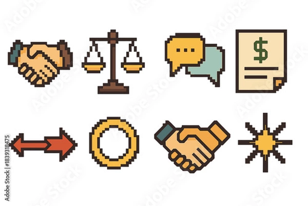 Fototapeta Pixel Art Negotiation Icons. General Negotiation pixel style set: handshake line, balanced scale, dialogue bubbles, offer card, counterproposal arrow, agreement ring, compromise