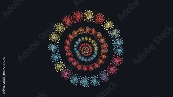 Fototapeta Colorful Swirl of Fireworks: A vibrant and dynamic display of fireworks artfully arranged in a mesmerizing spiral, igniting the night sky with a kaleidoscope of color and wonder.
