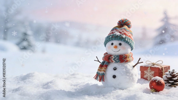 Obraz Realistic Little Snowman Wearing Cap and Scarf on Snowy Winter Background — Christmas Card Concept