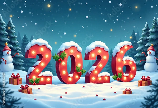 Fototapeta Red numbers 2026 standing in snowy winter forest with falling snow surrounded by festive atmosphere. concept of holiday marketing, seasonal advertising, winter design.