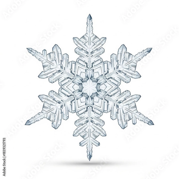 Obraz Exquisite frosty ice crystal snowflake in intricate detail, perfectly symmetrical and isolated on a pure white background, embodying the unique beauty and delicate charm of winter