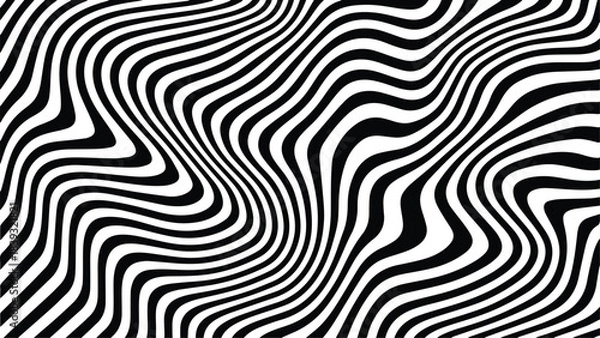 Obraz Abstract black and white optical illusion pattern with wavy distorted stripes creating a psychedelic visual effect
