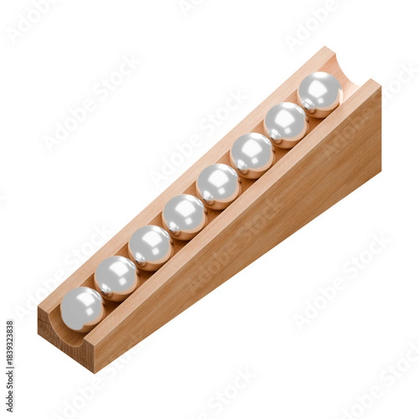 Fototapeta Wooden marble run track with metal marbles. Wooden marble race block with silver balls. 3d rendering