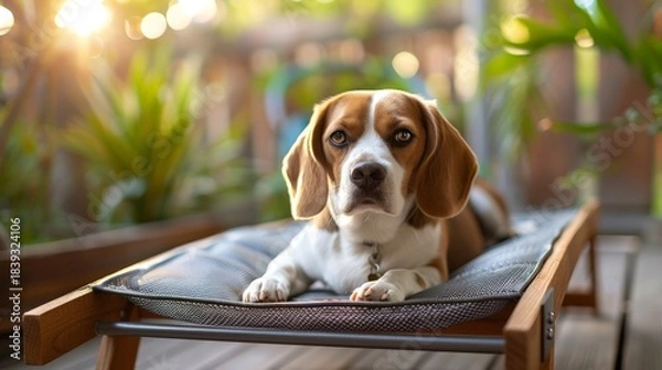 Obraz A beagle rests peacefully on an elevated dog bed with a mesh surface in a tranquil outdoor space surrounded by greenery
