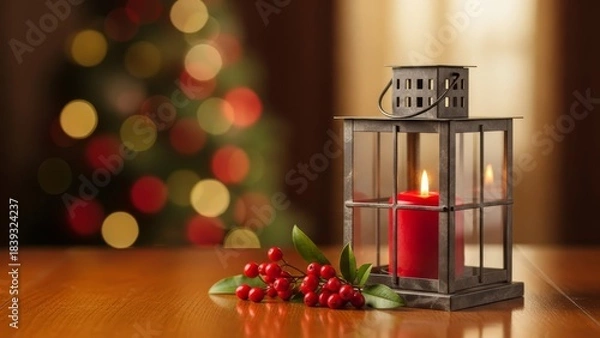 Fototapeta Cozy Christmas Lantern with Red Candle, Berries, and Bokeh Tree Lights