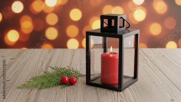 Fototapeta Christmas Lantern with Red Candle and Festive Bokeh Lights, Winter Holiday Decor