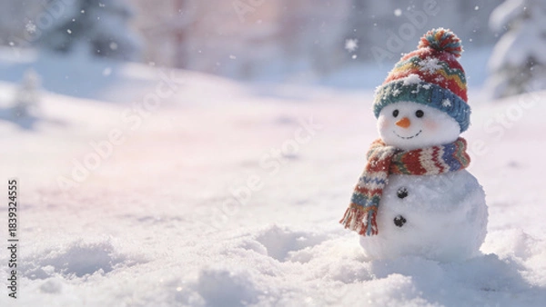 Obraz Realistic Little Snowman Wearing Cap and Scarf on Snowy Winter Background — Christmas Card Concept