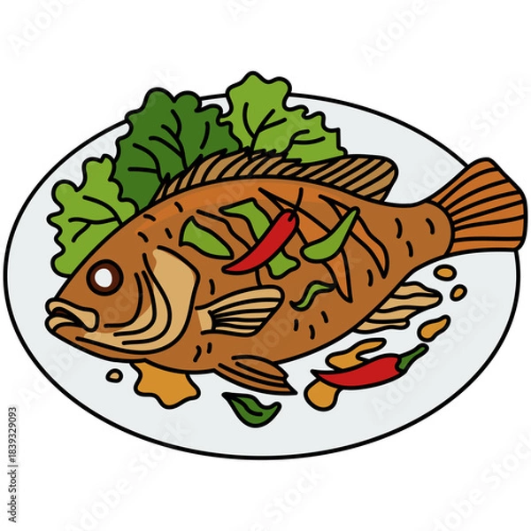 Obraz Fried Fish with Vegetables Illustration
