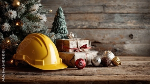 Obraz festive construction theme with hard hat and christmas decor on rustic wooden table
