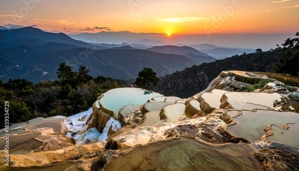 Fototapeta Terraced, mineral-rich pools cascade down a hillside at sunset, with mountains rolling into the horizon