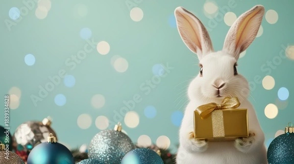 Fototapeta A festive rabbit holds a gift amidst colorful ornaments, creating a cheerful holiday atmosphere with a soft, blurred background.