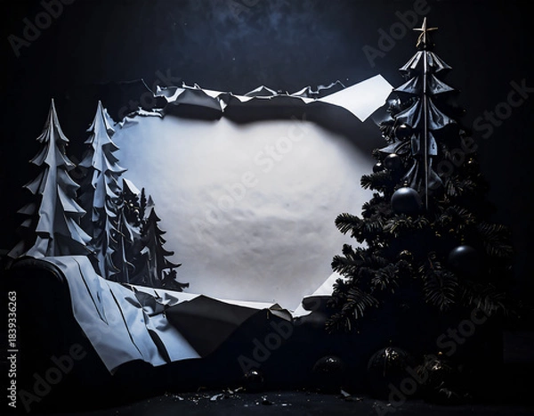 Fototapeta 破れた紙の隙間から輝く巨大な金色の月。黒松のシルエットが際立つ、和モダンなクリスマスの幻想風景