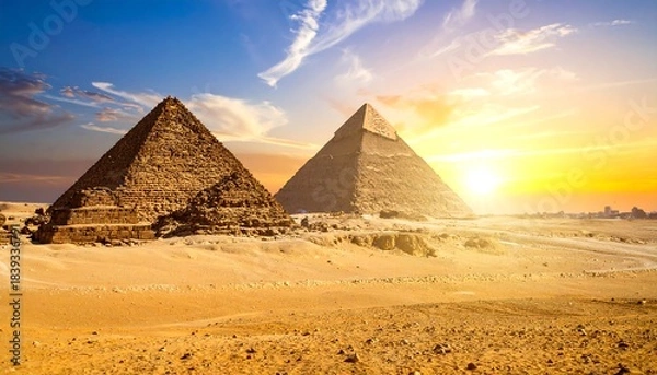 Fototapeta Two large pyramids stand against a bright sunset sky in a vast, sandy desert landscape with city skyline on the horizon