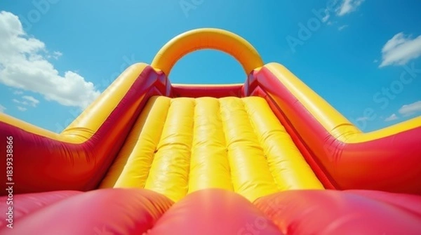 Fototapeta Inflatable slide on playground with multicolored design. Bottom view of bouncy castle on sky background. Red yellow blue colors prominent. Entertainment attraction for kids at summer holiday activity.