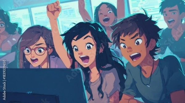 Obraz Young Diverse People Celebrating Excitement Watching Computer Screen in Bright Modern Office