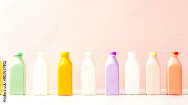 Fototapeta Various flavored milk cartons in different colors are lined up on a white surface, with a light pink wall creating a simple backdrop