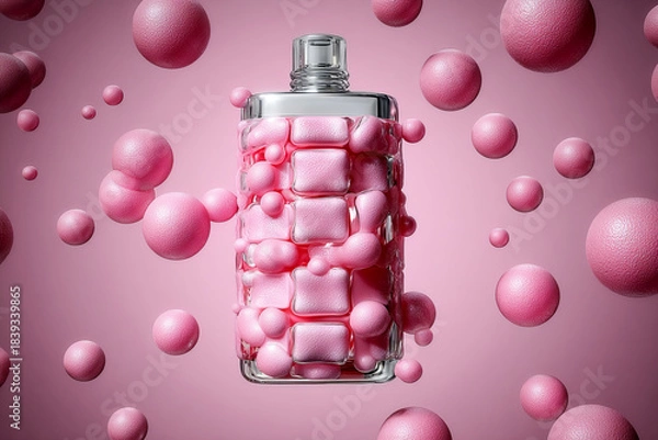 Obraz A handcrafted mezcal bottle is set in a unique arrangement, covered with soft bubble-gum and surrounded by bubble-gum balls, creating an artistic scene
