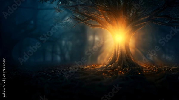 Obraz A sturdy tree stands in a dark forest. A bright light shines from within its trunk. The scene takes place during twilight, creating a mystical atmosphere